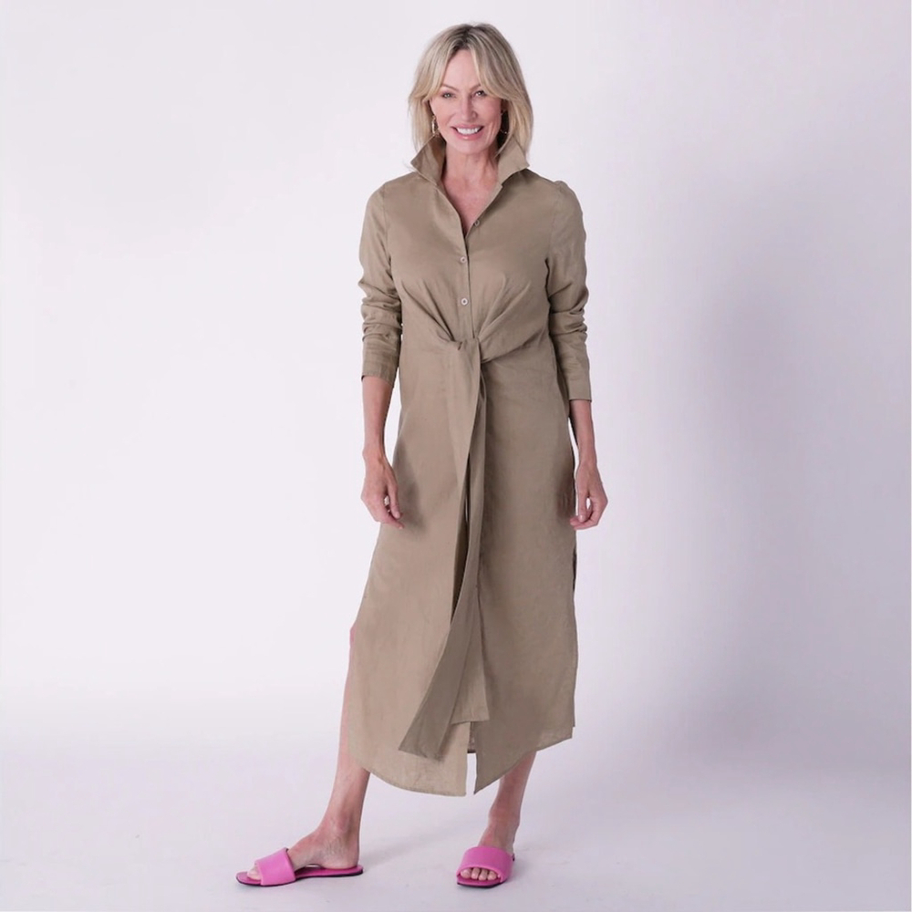 ** BAILEY Brian Bailey Tan Tie Front Detail 100% Linen Midi Shirt Dress Size S